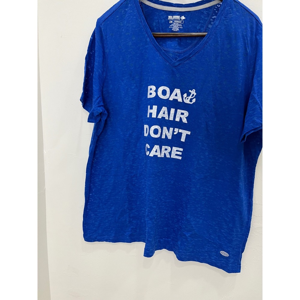 Reel Legends Burnout T-Shirt Womens 2X Blue Good Boat Hair Don't Care Graphic